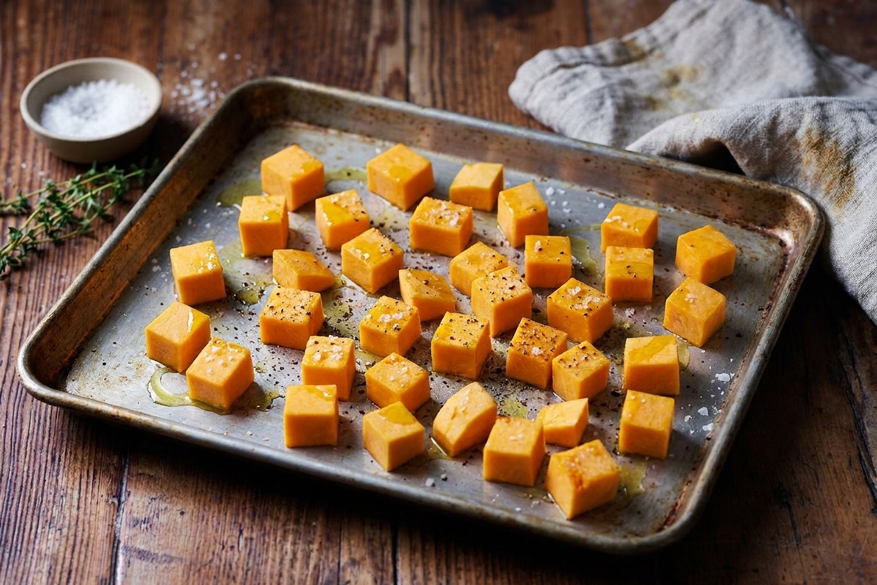 Cubed pumpkin pieces tossed with olive oil and salt spread out on a metal baking sheet, ready to roast