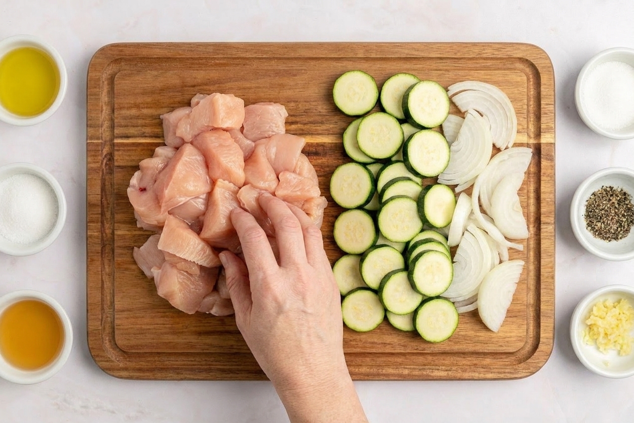 Cubed raw chicken breast, sliced zucchini, and sliced onion arranged in separate piles on a wooden cutting board