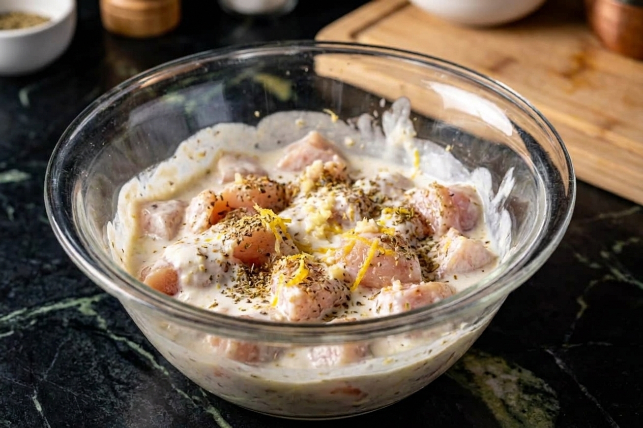 Cubed raw chicken in a bowl coated in creamy yogurt marinade with visible garlic, lemon zest, and spices on a kitchen counter