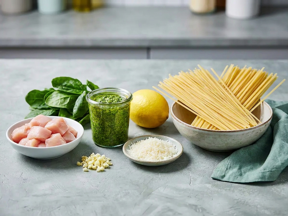 Cubed raw chicken, minced garlic, a jar of basil pesto, a lemon, spinach, and finely grated Parmesan arranged beside a bowl of dry pasta on a kitchen counter