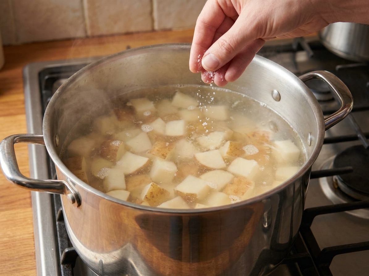 Cubed russet potatoes simmering in a large pot of salted water on a stovetop