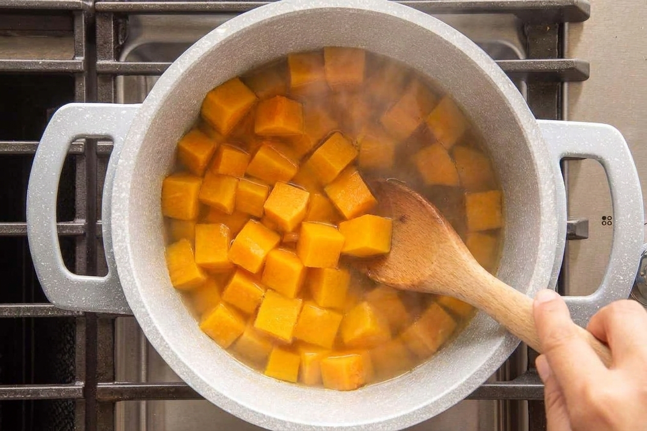 Cubed squash simmering in broth in a large pot with steam rising