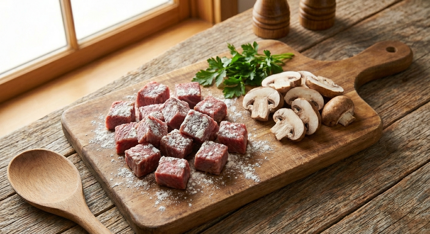 Cubed steak pieces lightly floured on a cutting board next to sliced mushrooms and herbs