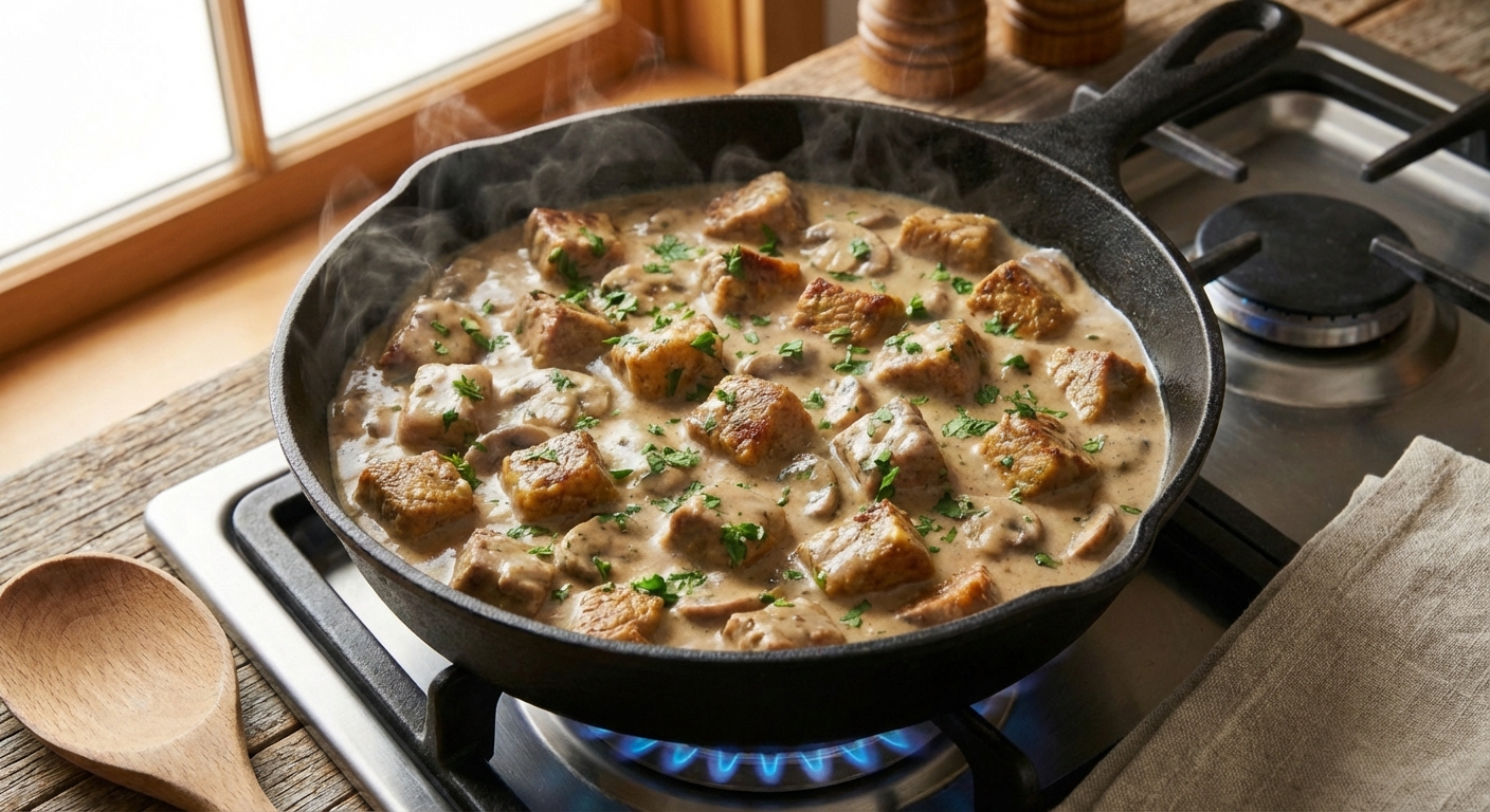 Cubed steak simmering in a creamy mushroom gravy in a skillet on the stovetop