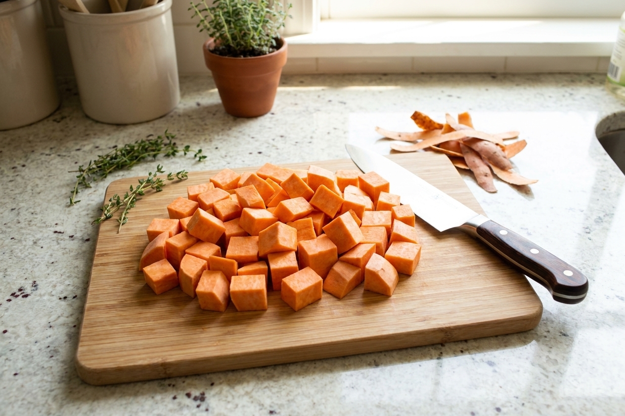 Cubed sweet potatoes on a wooden cutting board with a chef’s knife on a bright kitchen counter