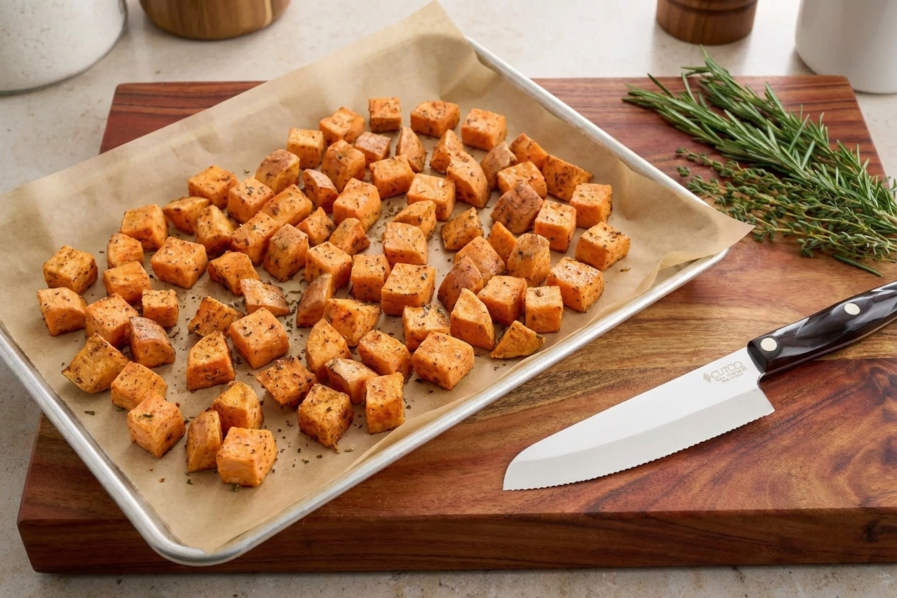 Cubed sweet potatoes spread in a single layer on a parchment-lined sheet pan before roasting on a home kitchen counter