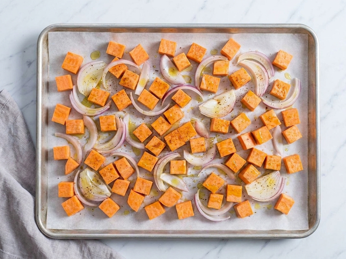 Cubed sweet potatoes spread out on a parchment-lined baking sheet, ready to roast