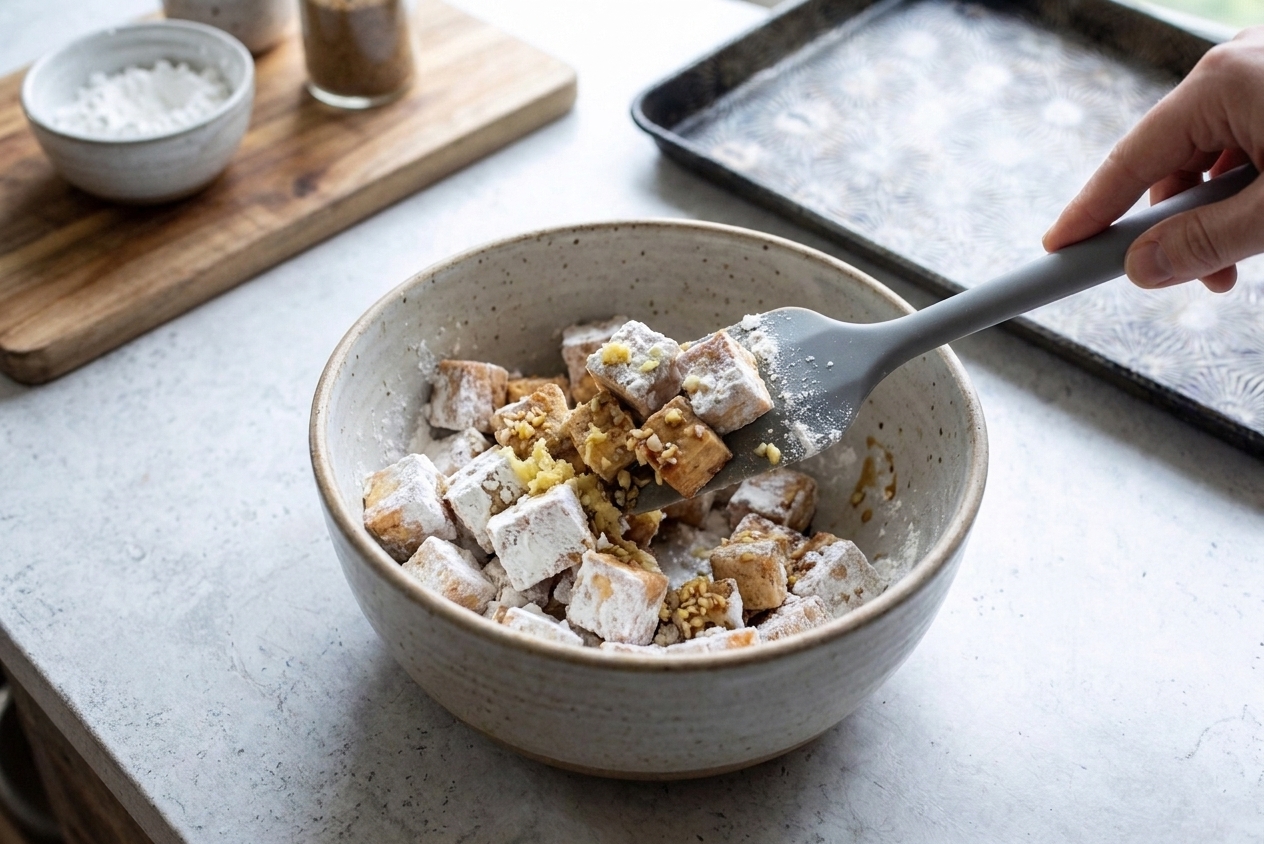 Cubed tofu in a mixing bowl being tossed with cornstarch and seasonings using a silicone spatula, shot on a home kitchen counter