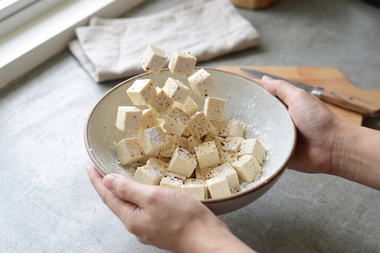 Cubed tofu tossed in a bowl with cornstarch and seasonings until lightly coated