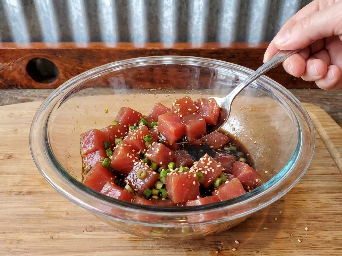 Cubed tuna being gently tossed in a soy-sesame poke sauce with scallions and sesame seeds in a glass mixing bowl on a kitchen counter