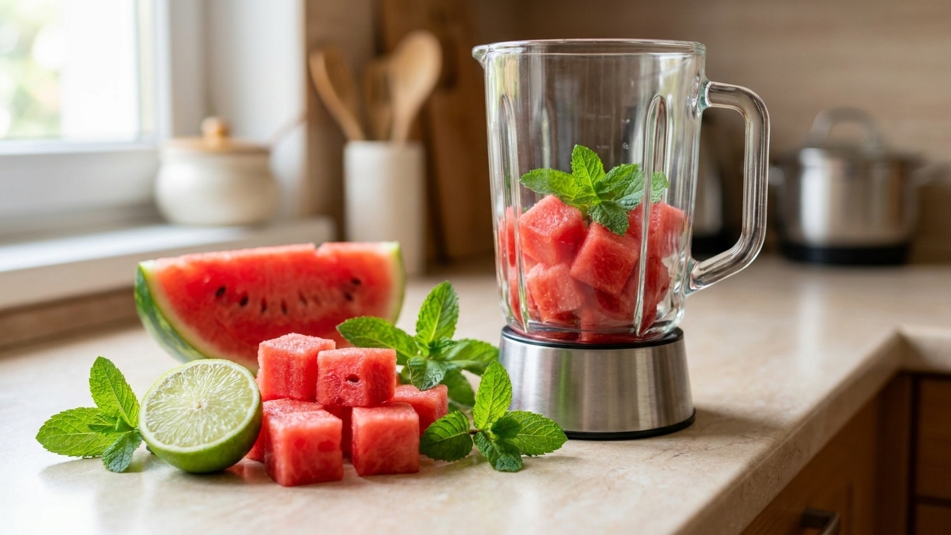 Cubed watermelon, a halved lime, and fresh mint leaves arranged on a light stone counter with a blender nearby