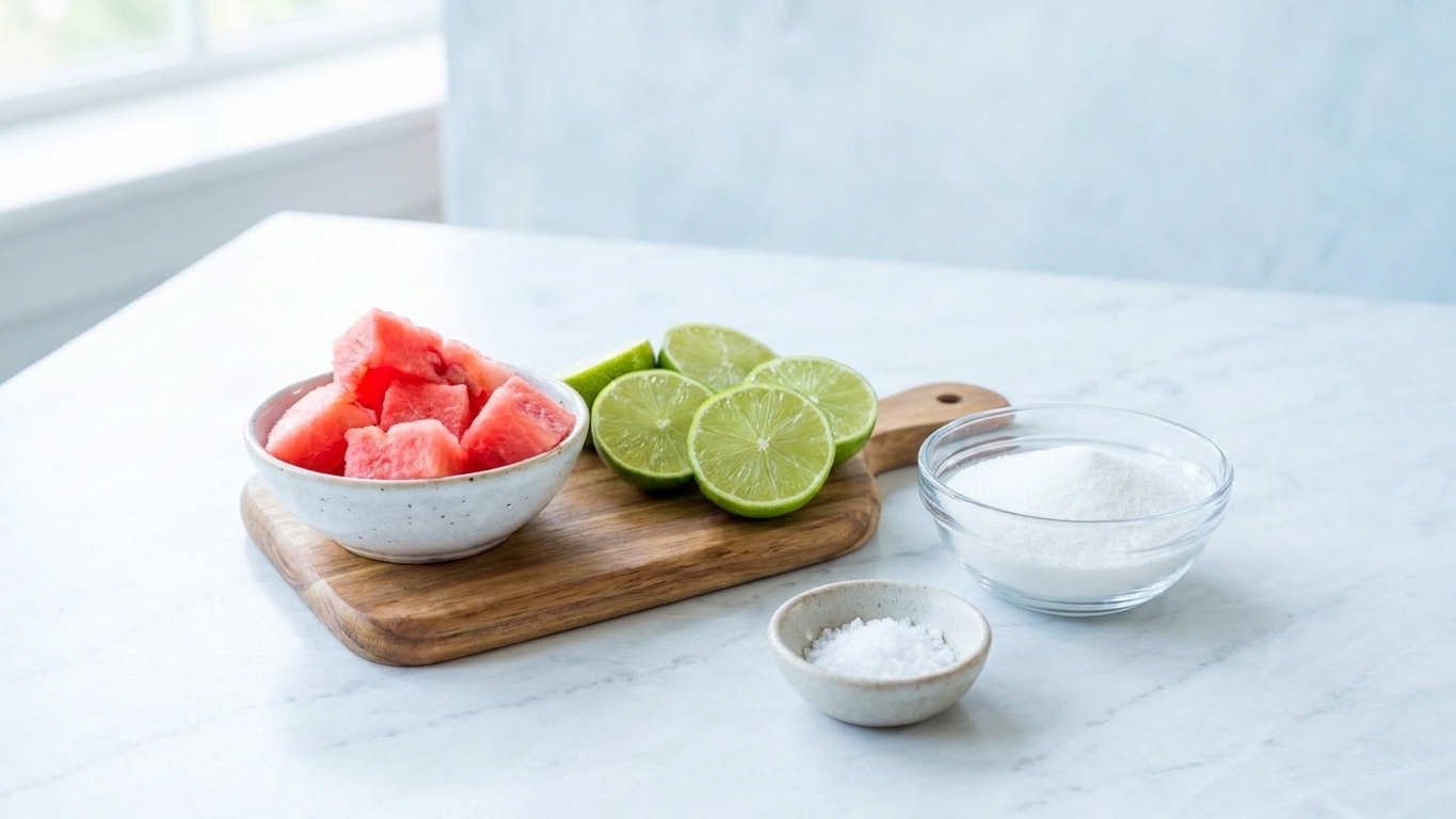 Cubed watermelon, halved limes, a small bowl of sweetener, and a pinch bowl of salt arranged on a clean kitchen counter