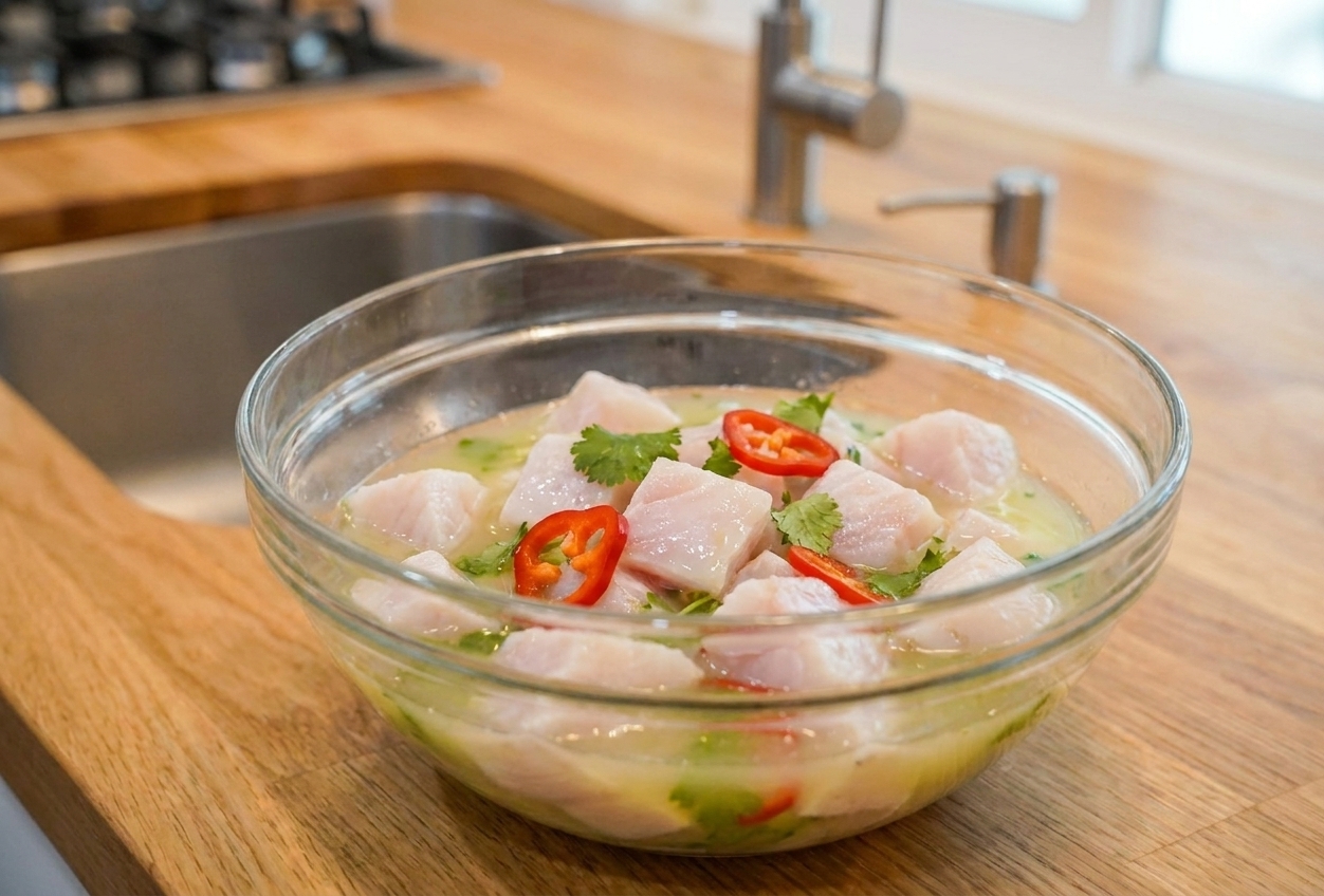 Cubed white fish curing in lime juice in a glass bowl with sliced chile, photographed on a kitchen counter