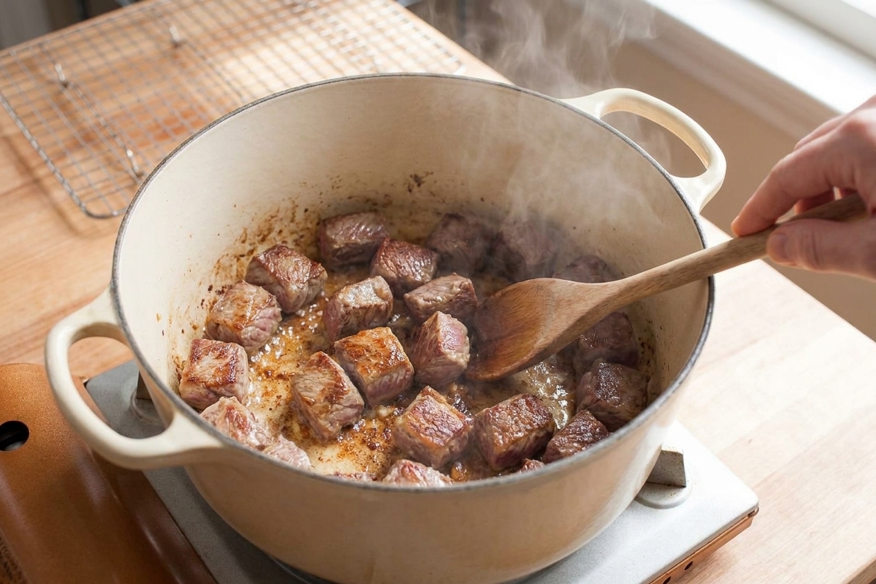 Cubes of beef browning in a heavy Dutch oven on a home stove with golden crust forming on the edges