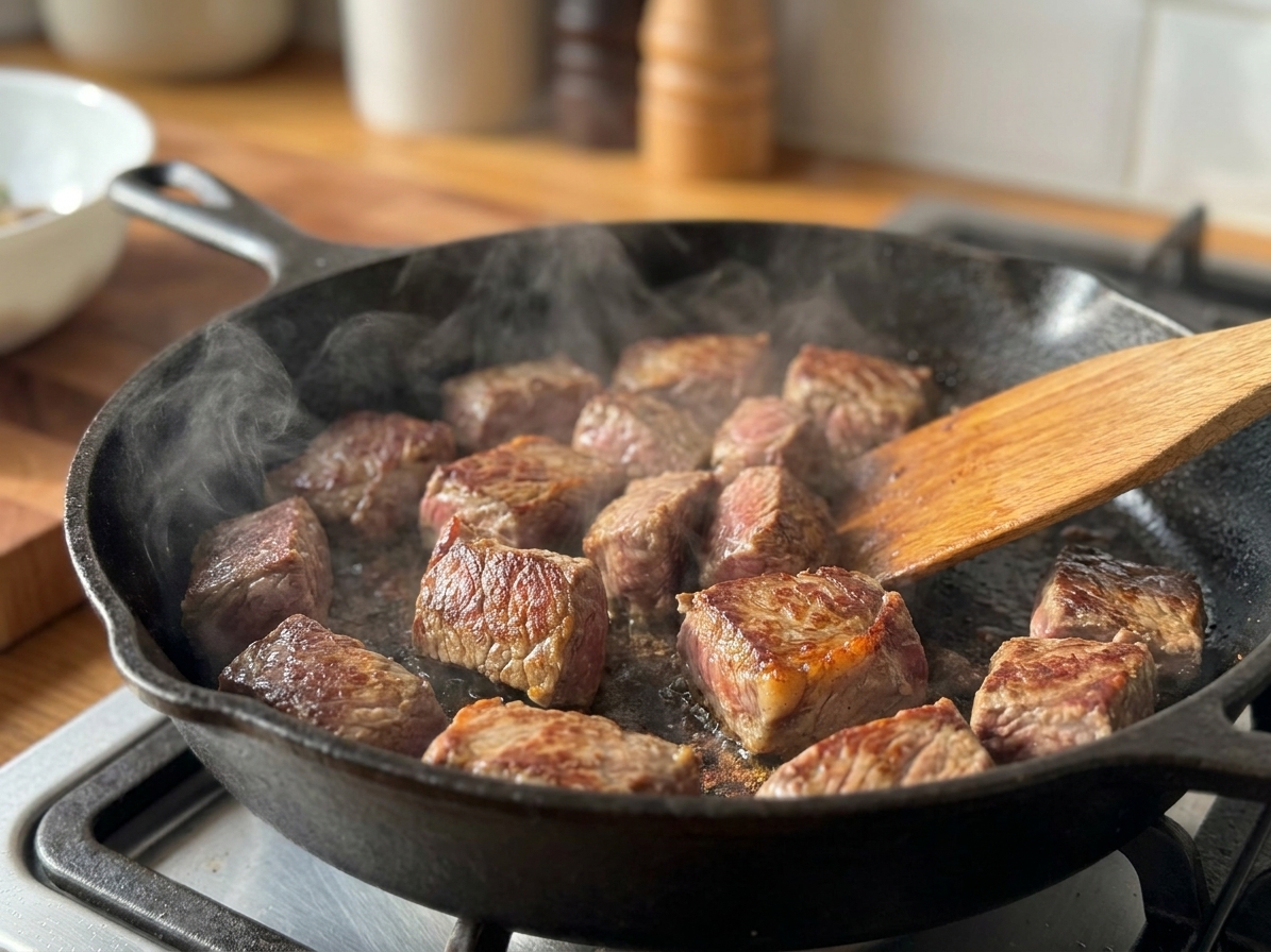 Cubes of beef browning in a hot skillet with a golden crust forming, steam rising in a home kitchen