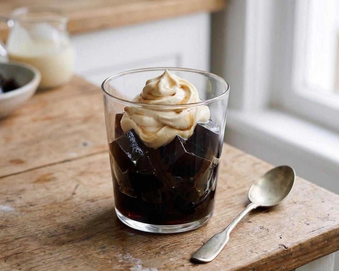 Cubes of coffee jelly in a clear glass topped with a swirl of lightly sweetened cream on a wooden kitchen table in soft natural light