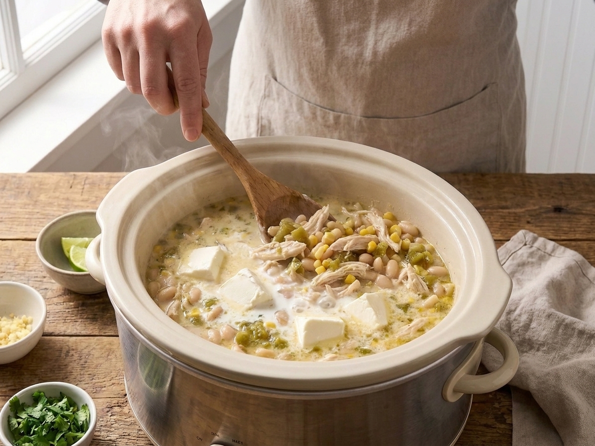 Cubes of cream cheese melting into white chicken chili inside a slow cooker as someone stirs with a wooden spoon