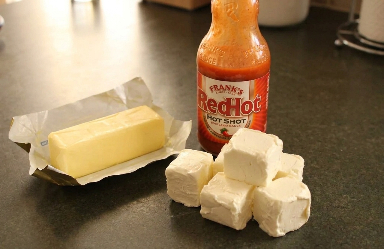 Cubes of softened cream cheese next to butter and a bottle of hot sauce on a kitchen counter