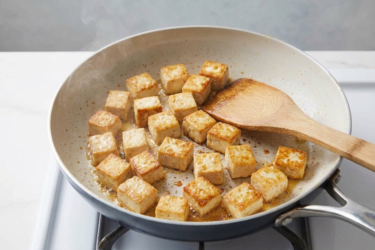 Cubes of tofu browning in a hot skillet with golden edges forming