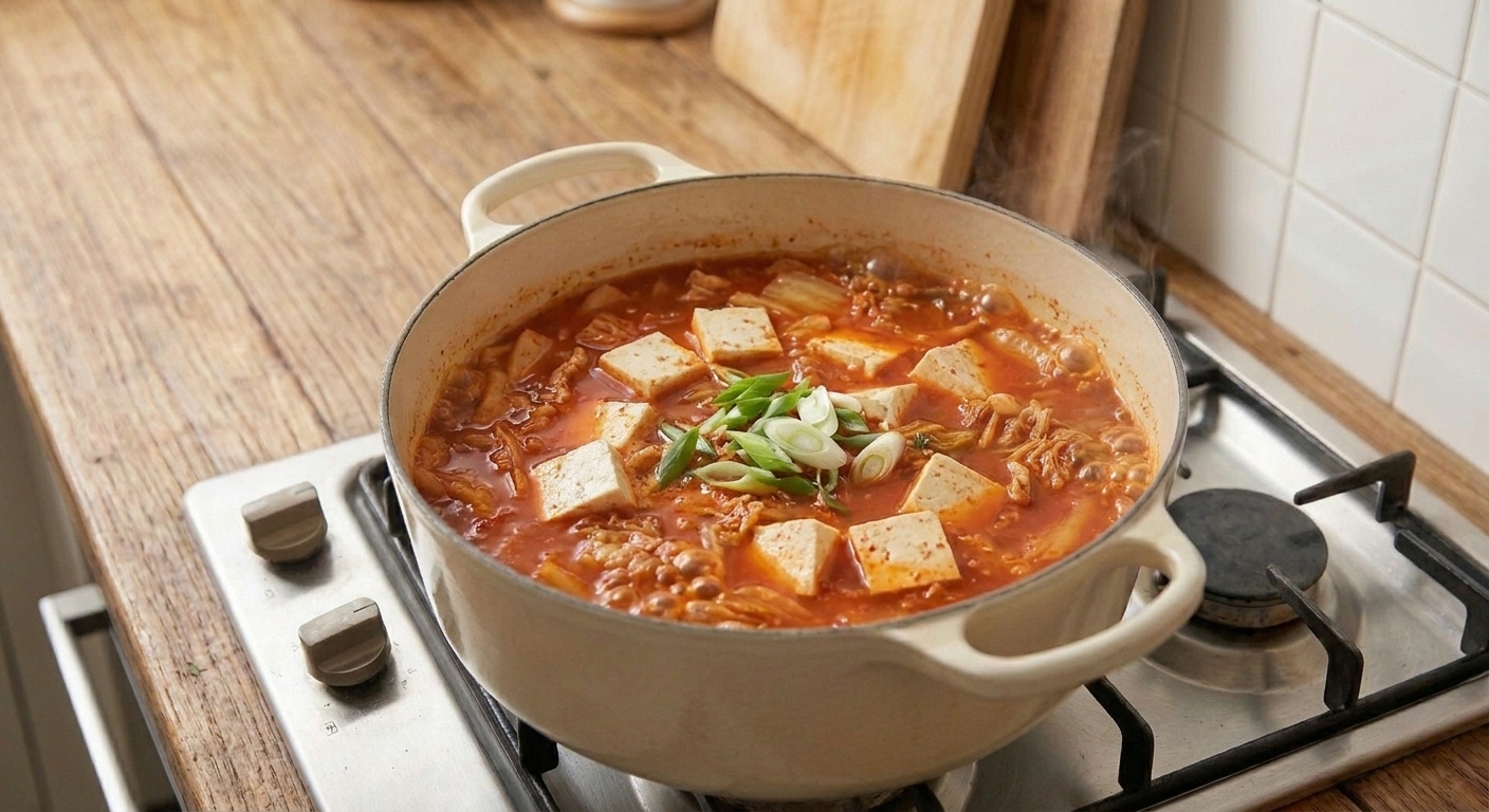Cubes of tofu floating in a simmering pot of red kimchi soup, with small bubbles breaking the surface