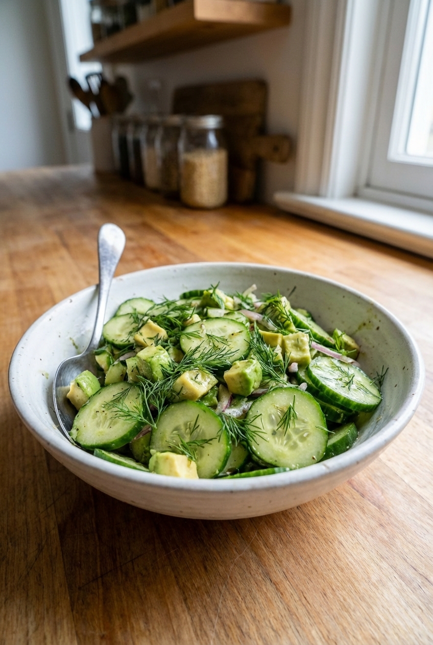 Cucumber and avocado salad with dill in a white bowl
