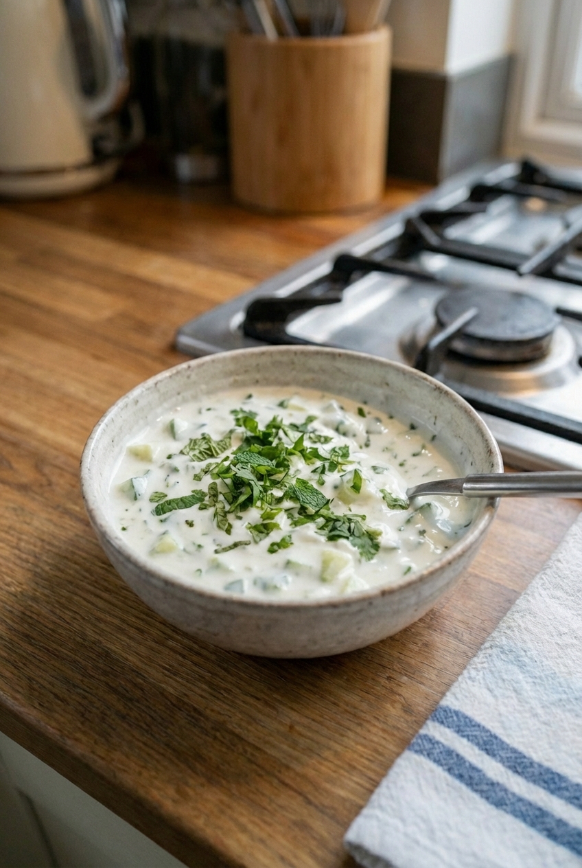 Cucumber and yogurt raita in a small bowl with chopped herbs