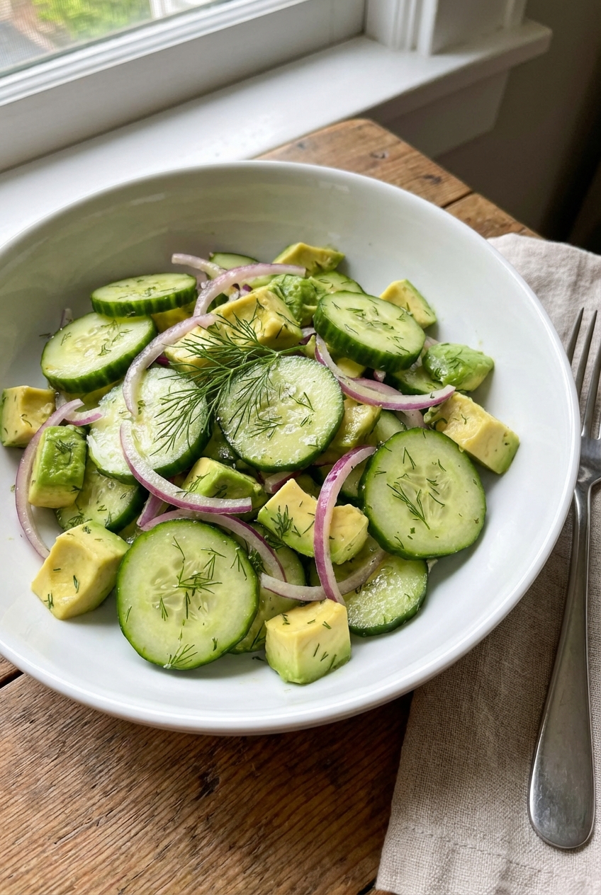 Cucumber avocado salad in a white bowl with dill