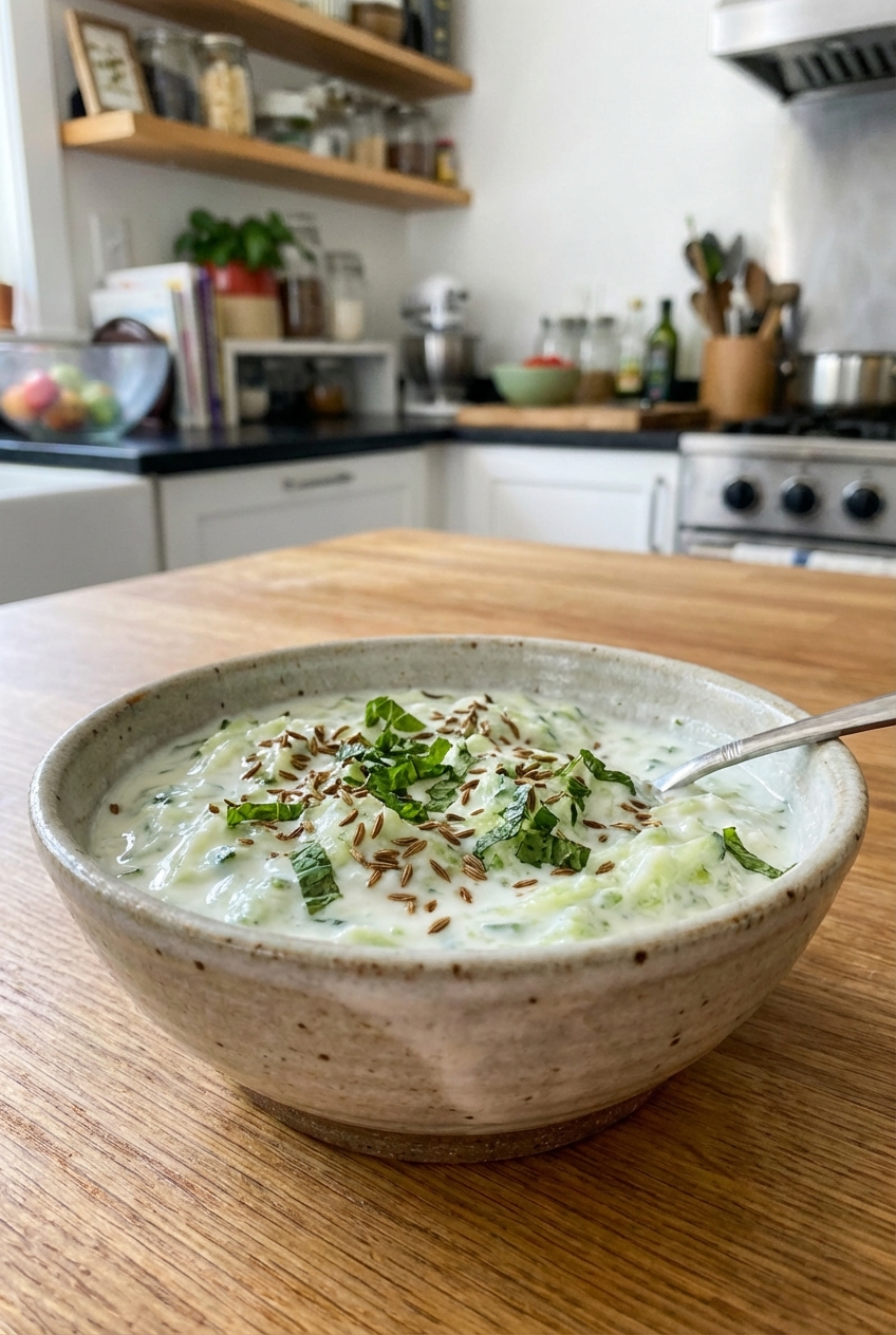 Cucumber raita in a small bowl topped with cumin and chopped mint