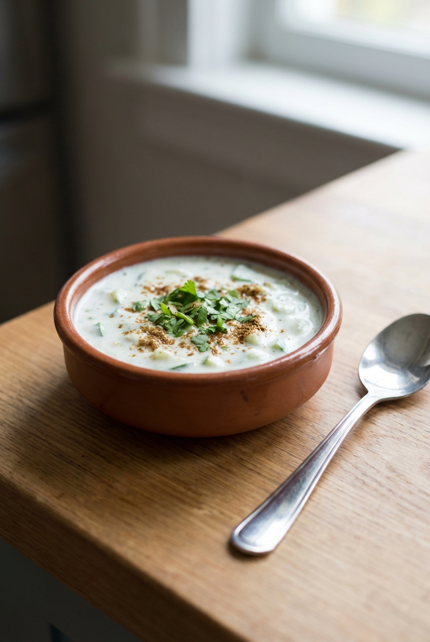 Cucumber raita in a small bowl