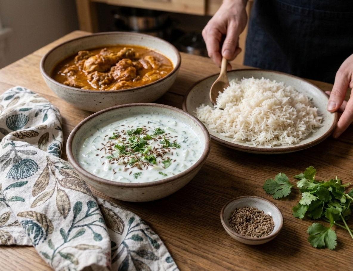 Cucumber raita served at a dinner table next to a bowl of curry and a plate of rice, warm indoor lighting