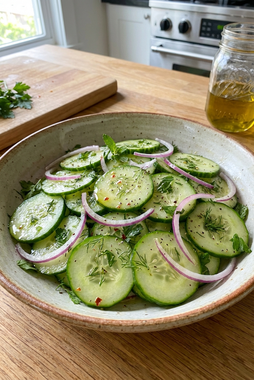 Cucumber salad with red onion and herbs in a light dressing