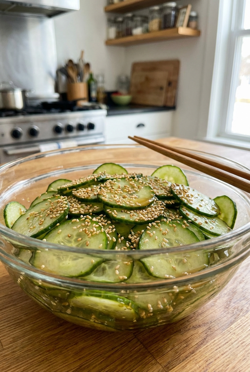 Cucumber salad with rice vinegar and sesame seeds in a glass bowl