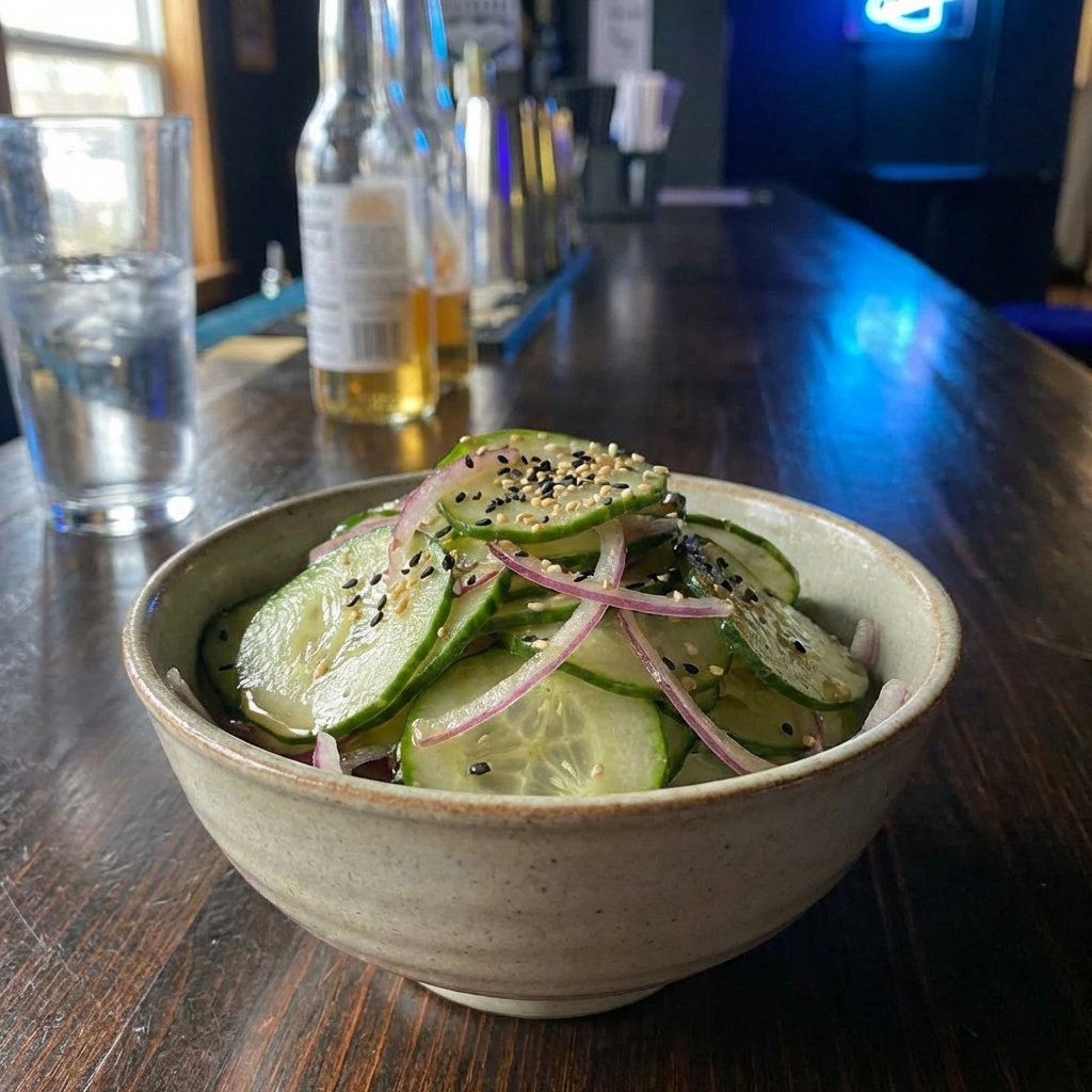Cucumber salad with rice vinegar dressing and thinly sliced red onion