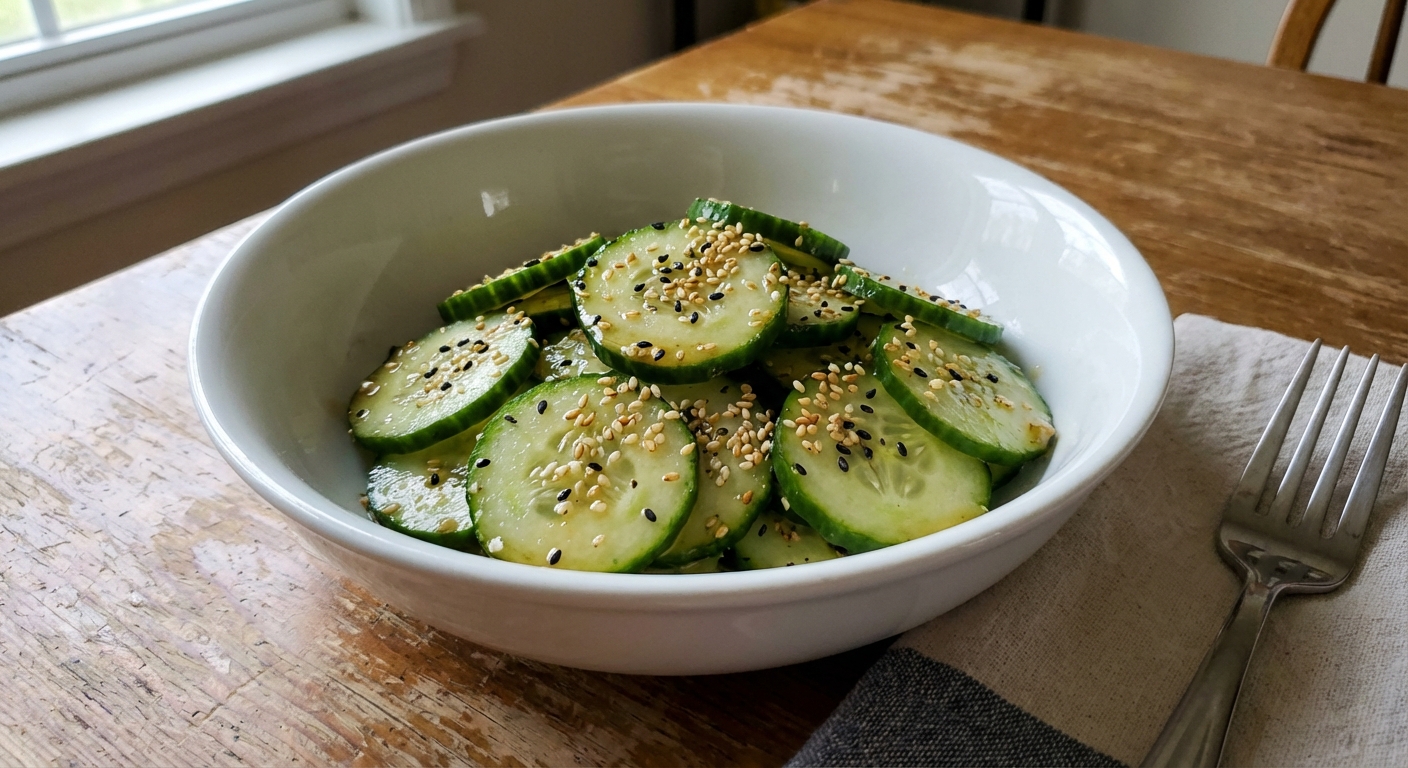 Cucumber salad with sesame seeds and a light vinaigrette in a white bowl