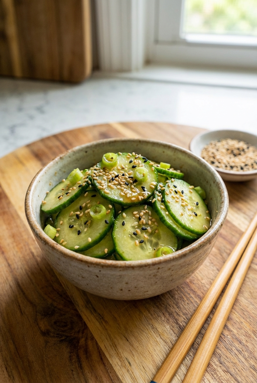 Cucumber salad with sesame seeds and sliced scallions in a small bowl