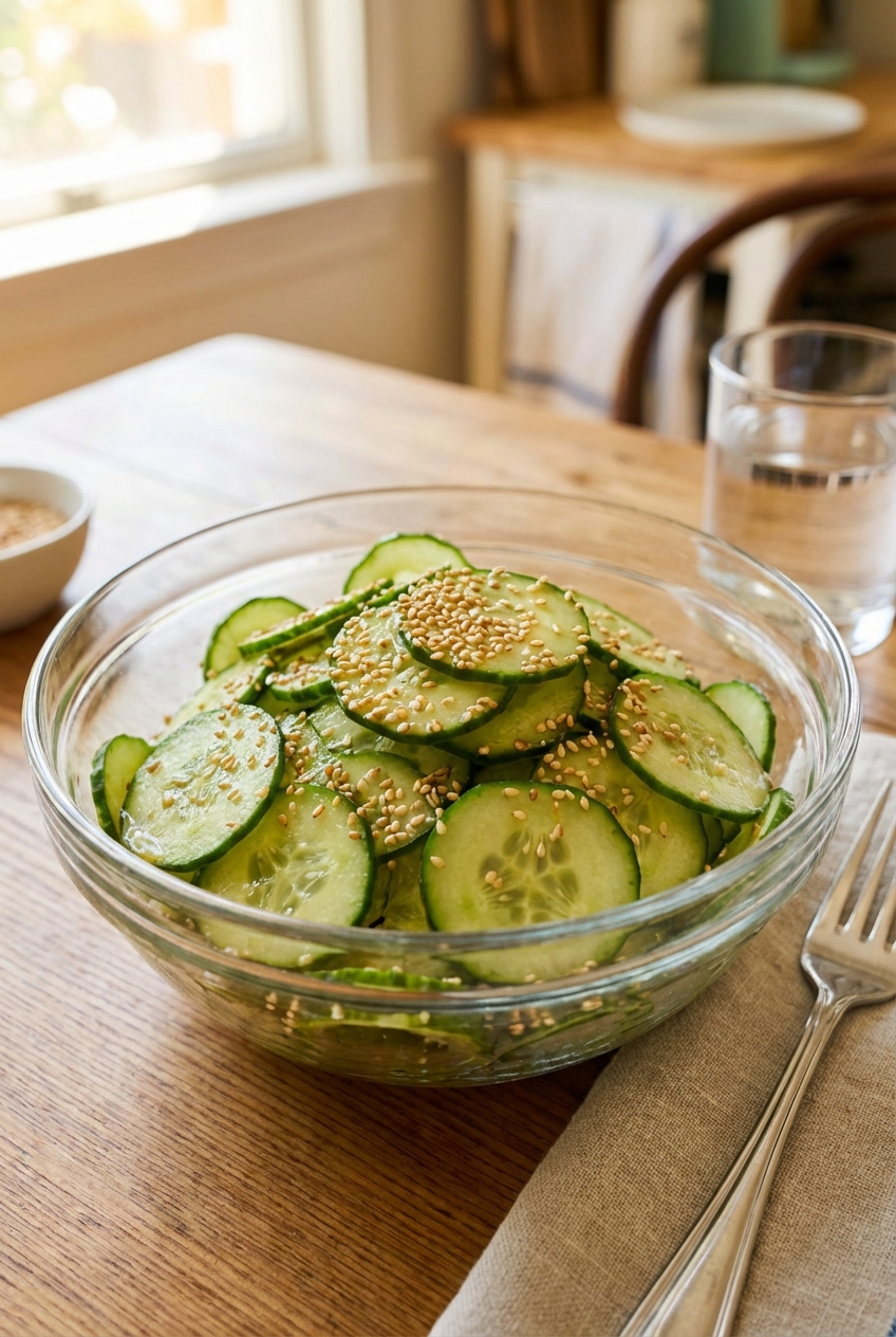 Cucumber salad with sesame seeds in a glass bowl