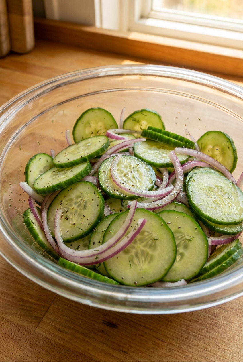 Cucumber slices and red onion in a light vinegar dressing in a glass bowl