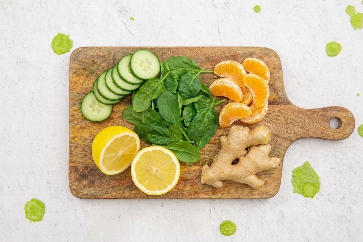 Cucumber slices, fresh spinach, peeled orange segments, a halved lemon, and a knob of ginger arranged neatly on a cutting board