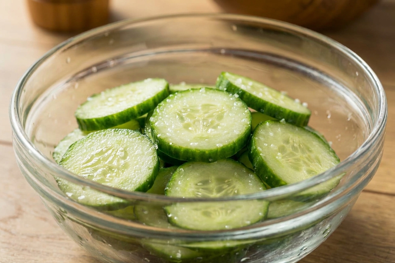 Cucumber slices resting in a mixing bowl with visible beads of moisture after salting on a clean kitchen counter
