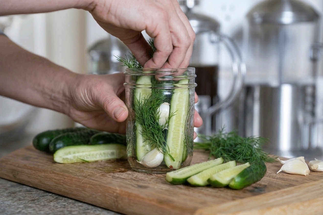 Cucumber spears being packed into a wide-mouth mason jar with dill and garlic on a kitchen counter