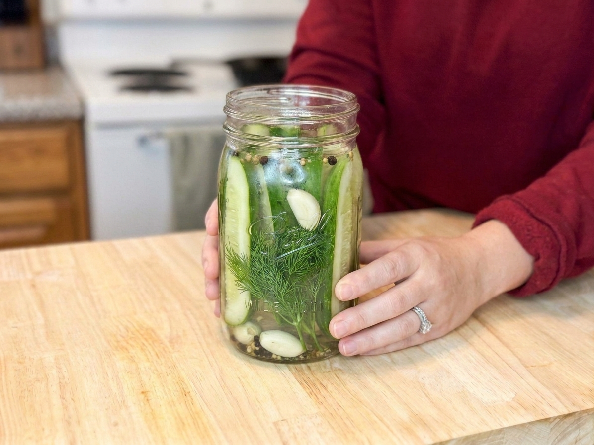 Cucumber spears packed into a quart mason jar with fresh dill and garlic