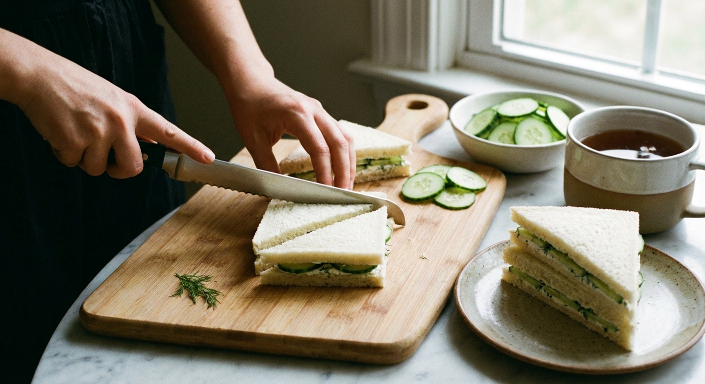 Cucumber tea sandwiches being cut into neat triangles with a serrated knife