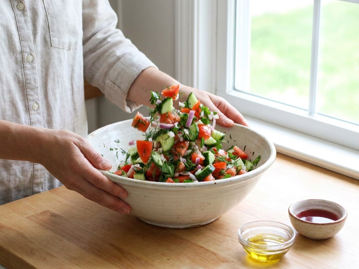Cucumber, tomato, and red onion salad being tossed with herbs in a large ceramic bowl on a kitchen counter in natural window light