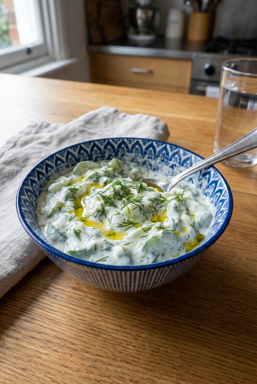 Cucumber yogurt salad with dill in a small serving bowl