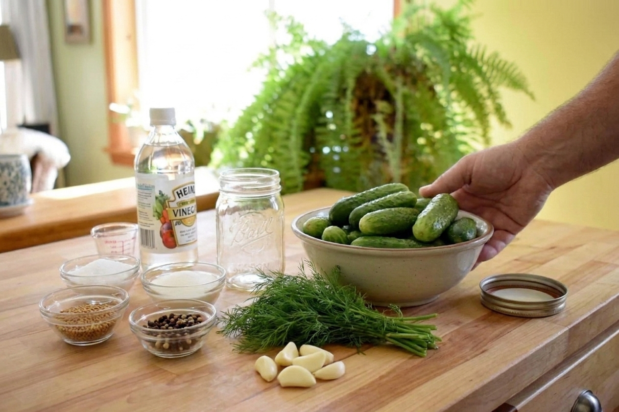 Cucumbers, fresh dill, garlic, vinegar, salt, sugar, and spices arranged on a clean kitchen counter ready for pickling