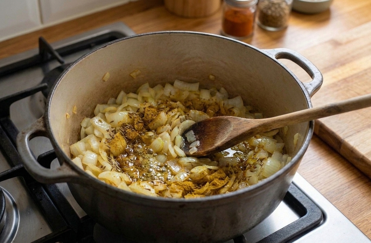 Cumin and curry spices sizzling in oil with diced onions in a saucepan on a stovetop