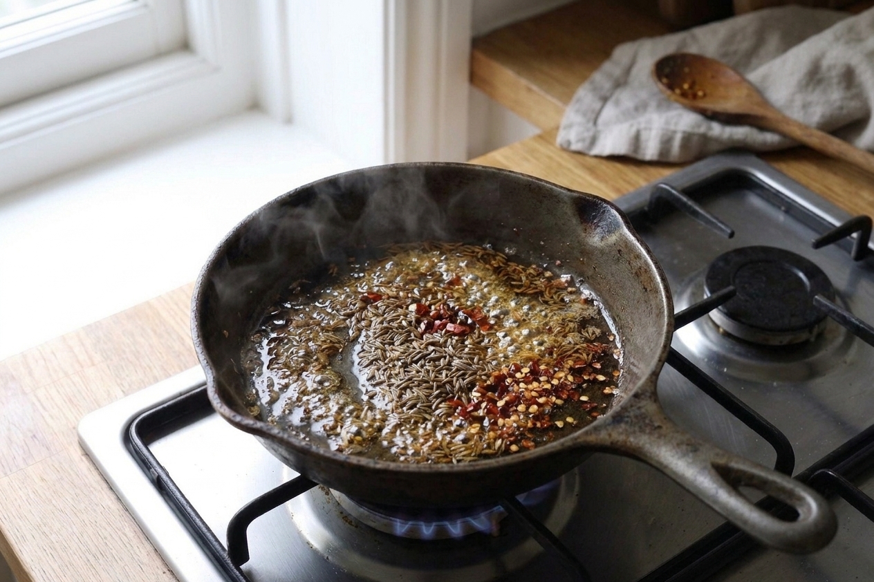 Cumin seeds and chili flakes sizzling in a small skillet with hot oil on a stovetop