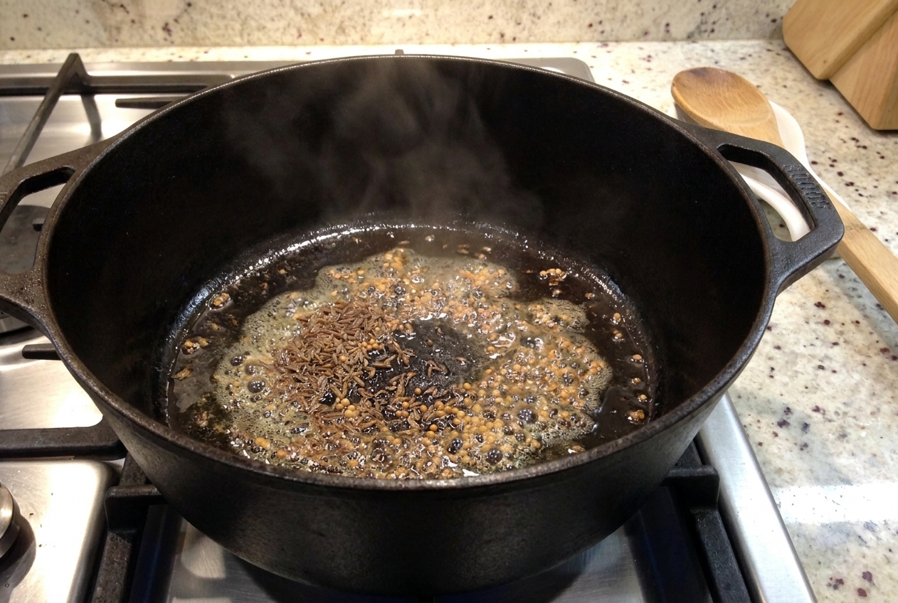 Cumin seeds and mustard seeds sizzling in melted ghee at the bottom of a heavy pot on a stovetop