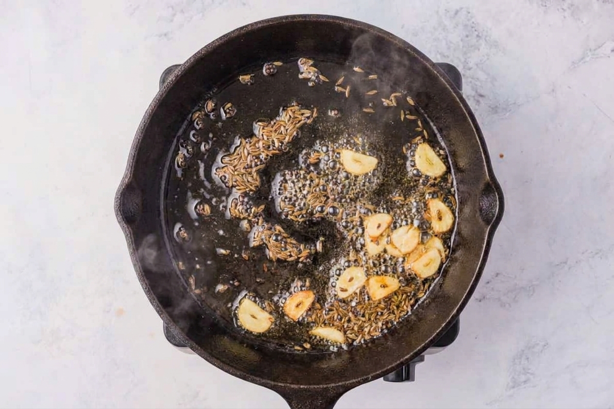 Cumin seeds, mustard seeds, and sliced garlic sizzling in hot oil in a small skillet on the stove