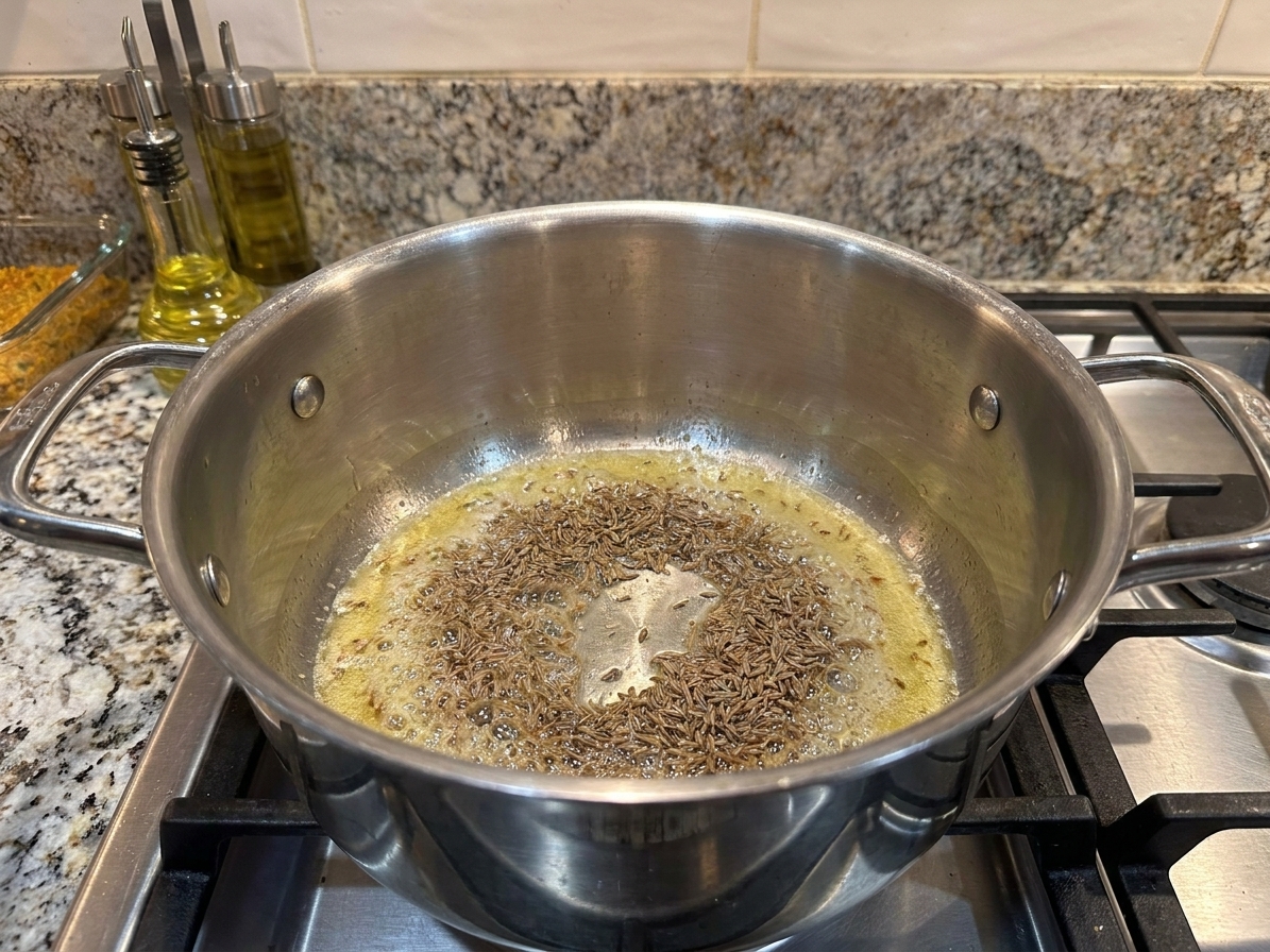 Cumin seeds sizzling in melted ghee in a stainless steel pot on a stovetop